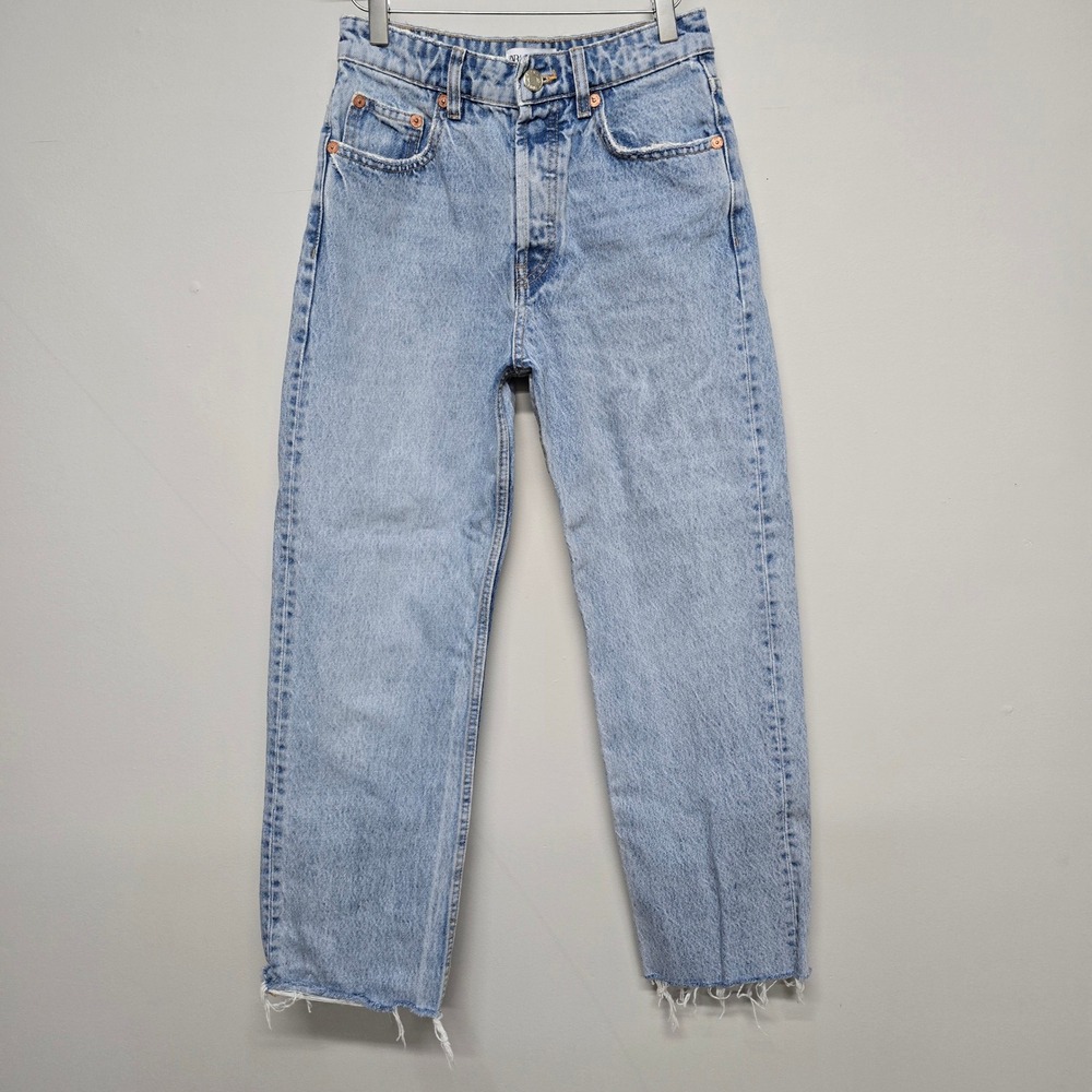 Zara High Waisted Straight Leg Jeans Women Size 4 Blue Cotton Raw Hem Denim